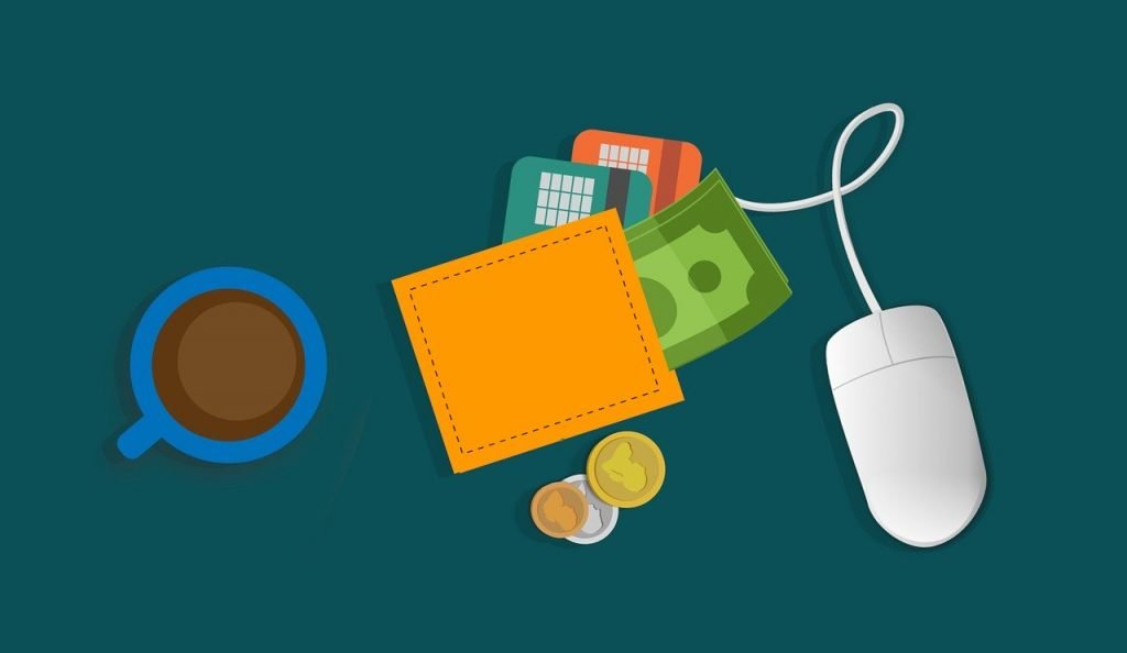 Online transaction, wallet, mouse, payments, cash