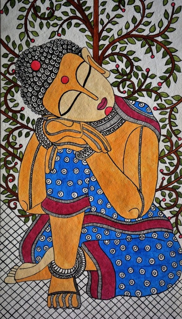 A beautiful piece of entirely handmade Madhubani Art of the Lord Buddha under the tree of life.Made on Handmade paper and Acrylic colors.It depicts Gautama Buddha in meditation.
