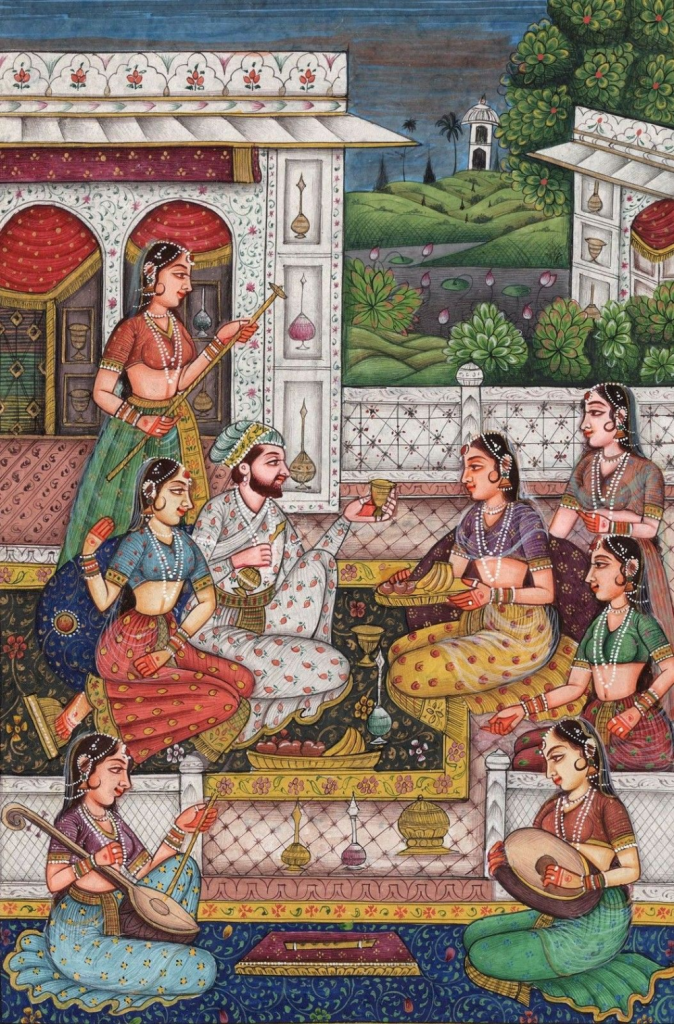 This is a Mughal style miniature painting depicting Indian Classical Folk Art. This traditional art is often very detailed and focuses on art with a long history that dates back to the scribes of the medieval ages.