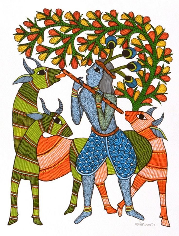The word 'Gond' comes from the Dravidian expression, Kond which means 'the green mountain'. The Gonds are among the largest tribes in Central India. These paintings were traditionally painted on mud walls of village houses.