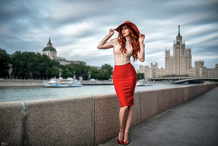 a girl with red pencil skirt